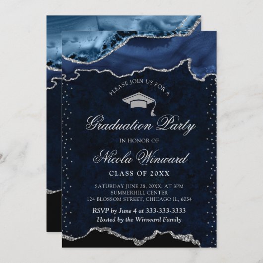 青と銀エレガントの大理石瑪瑙の卒業 招待状 (正面/裏面)