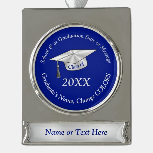青と銀、パーソナライズされた卒業オーナメント シルバープレートバナーオーナメント (正面)