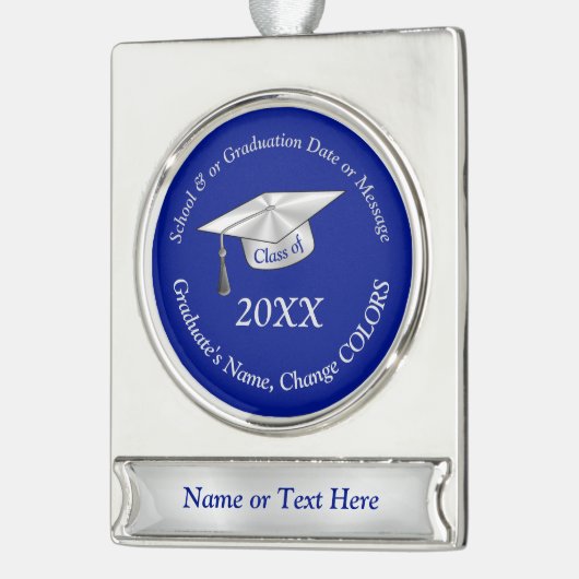 青と銀、パーソナライズされた卒業オーナメント シルバープレートバナーオーナメント (左)