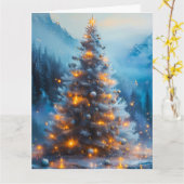 青と霜の降りた金ゴールドのクリスマスツリー カード (黄色い花)