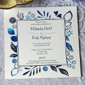 青と青灰色の葉 花の境界 ウェディング 招待状