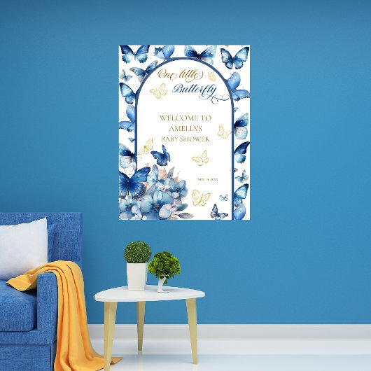 青と魅力的金ゴールドバタフライガールベビーシャワー ポスター
