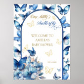 青と魅力的金ゴールドバタフライガールベビーシャワー ポスター (正面)