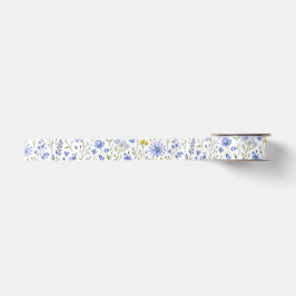 青と黄と緑の水彩画の野の花模様 サテンリボン