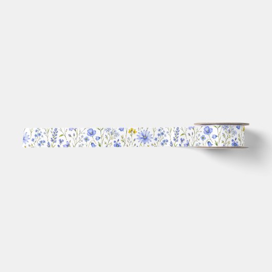 青と黄と緑の水彩画の野の花模様 サテンリボン (正面)