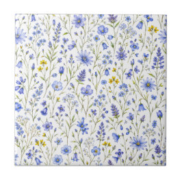 青と黄と緑の水彩画の野の花模様 タイル
