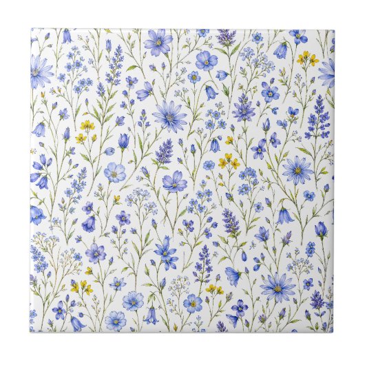 青と黄と緑の水彩画の野の花模様 タイル (正面)