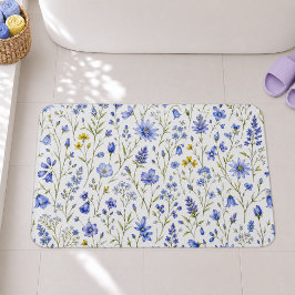 青と黄と緑の水彩画の野の花模様 バスマット