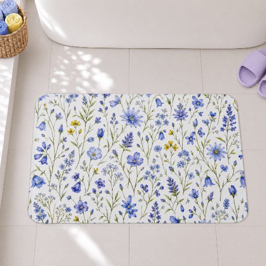 青と黄と緑の水彩画の野の花模様 バスマット