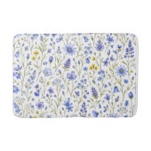 青と黄と緑の水彩画の野の花模様 バスマット (正面)