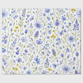 青と黄と緑の水彩画の野の花模様 ラッピングペーパー