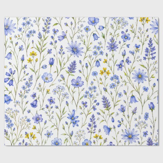 青と黄と緑の水彩画の野の花模様 ラッピングペーパー (フラット)