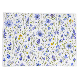 青と黄と緑の水彩画の野の花模様 ラージペーパーバッグ