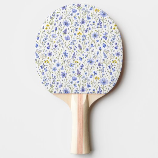 青と黄と緑の水彩画の野の花模様 卓球ラケット (正面)