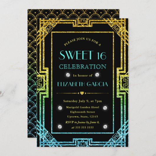 青と黄のグリッターアールデコフレーム甘い16 招待状 (正面/裏面)