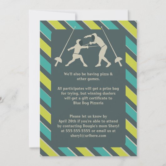 青と黄のフェンシング誕生会の招待 招待状 (裏面)