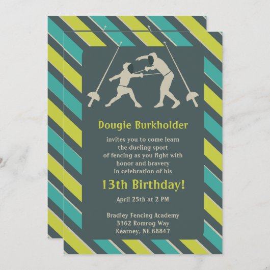 青と黄のフェンシング誕生会の招待 招待状 (正面/裏面)
