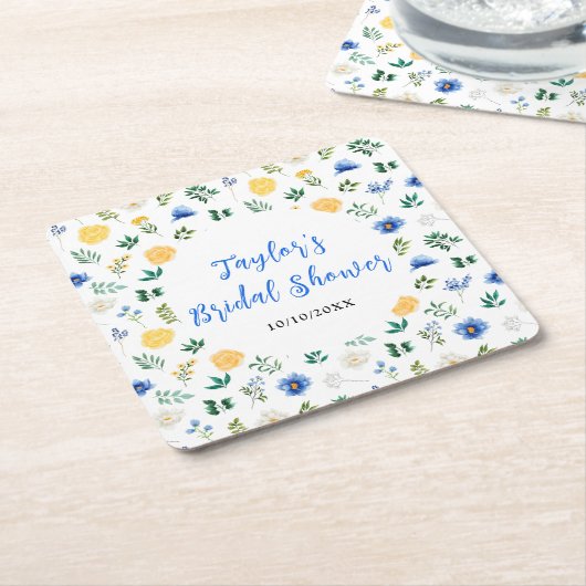 青と黄のフローラブライダルシャワー スクエアペーパーコースター (アングル)