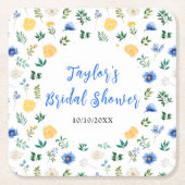 青と黄のフローラブライダルシャワー スクエアペーパーコースター (正面)