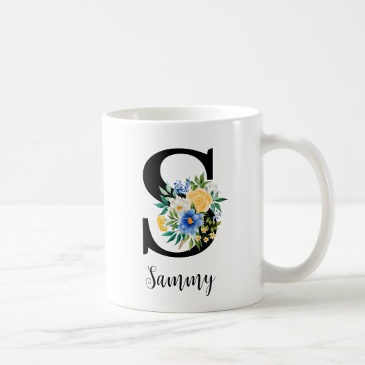 青と黄のフローラモノグラム名 コーヒーマグカップ (右)