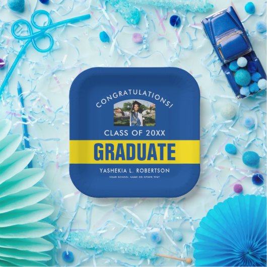 青と黄の卒業パーソナライズされた写真 ペーパープレート (パーティー)