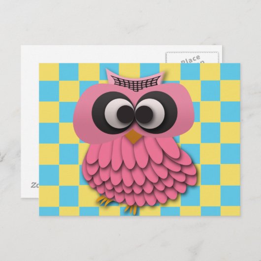 青と黄の可愛いピンク市松模様にフクロウ ポストカード (正面/裏面)