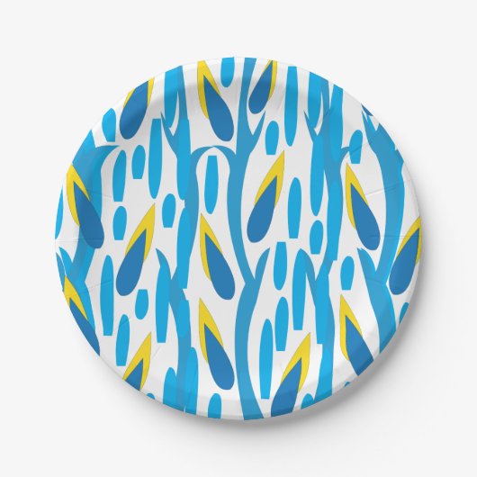 青と黄の抽象芸術葉シック ペーパープレート (正面)