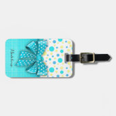 青と黄の水玉模様、ターコイズ青のリボン ラゲッジタグ (正面横)