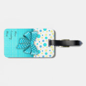 青と黄の水玉模様、ターコイズ青のリボン ラゲッジタグ (裏面横)