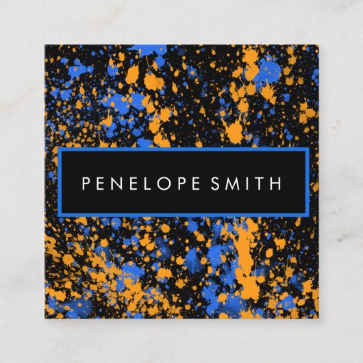 青と黄の絵を描（ばちゃばちゃ）跳ねるメイクアップアーティスト スクエア名刺 (正面)