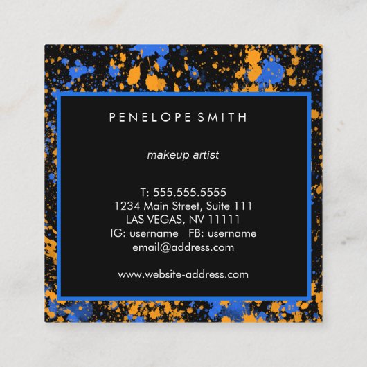 青と黄の絵を描(ばちゃばちゃ)跳ねるメイクアップアーティスト スクエア名刺 (裏面)