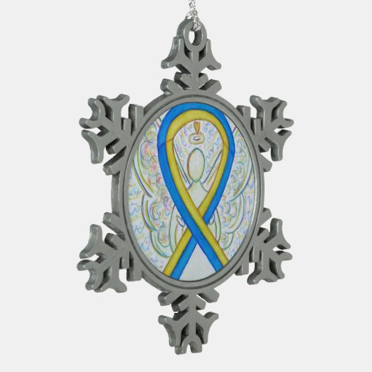 青と黄の認識度リボンエンジェルオーナメント スノーフレークピューターオーナメント (左)