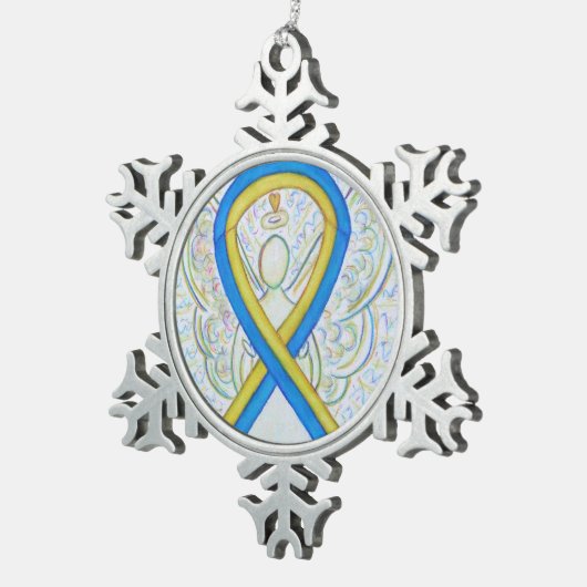 青と黄の認識度リボンエンジェルオーナメント スノーフレークピューターオーナメント (右)