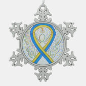 青と黄の認識度リボンエンジェルオーナメント スノーフレークピューターオーナメント (正面)