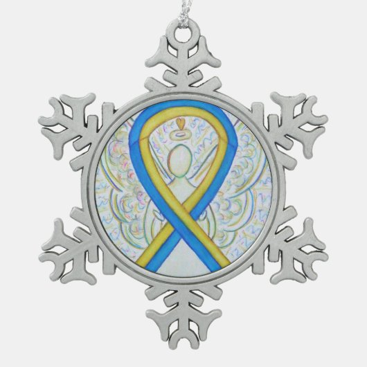 青と黄の認識度リボンエンジェルオーナメント スノーフレークピューターオーナメント (正面)