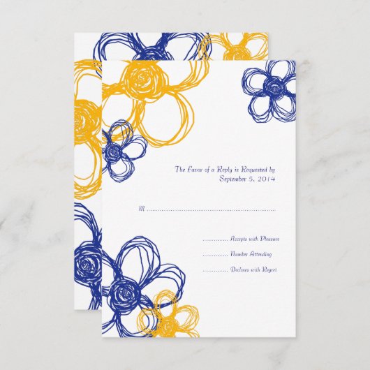 青と黄の野草結婚式RSVP 出欠カード (正面/裏面)