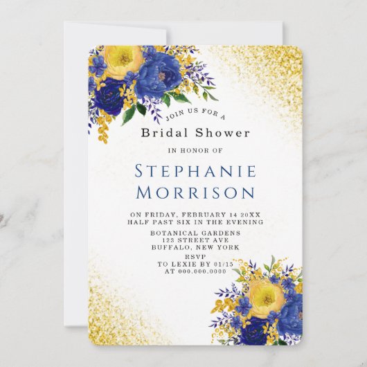 青と黄の金ゴールド絵を描フローラブライダルシャワー 招待状 (正面)