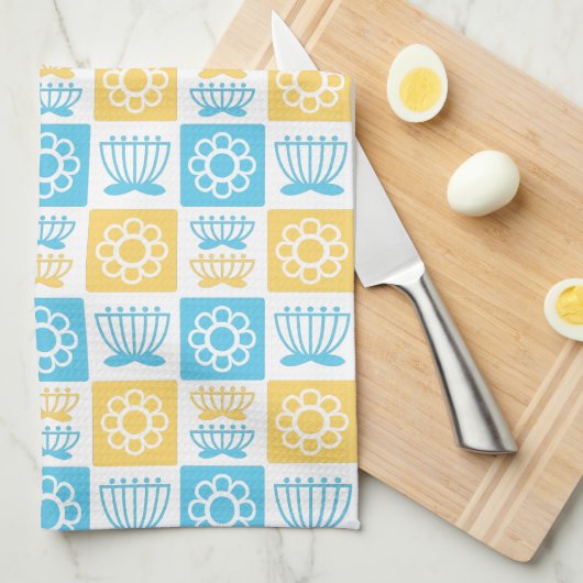 青と黄モダンの花柄 キッチンタオル (四つ折り)