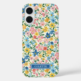 青と黄色のいたずらな花のモノグラム iPhone 16ケース