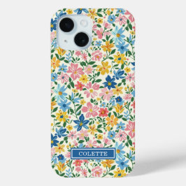 青と黄色のいたずらな花のモノグラム iPhone 15ケース