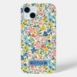 青と黄色のいたずらな花のモノグラム iPhone 15 MINIケース