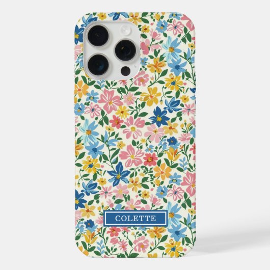 青と黄色のいたずらな花のモノグラム iPhoneケース (裏面)
