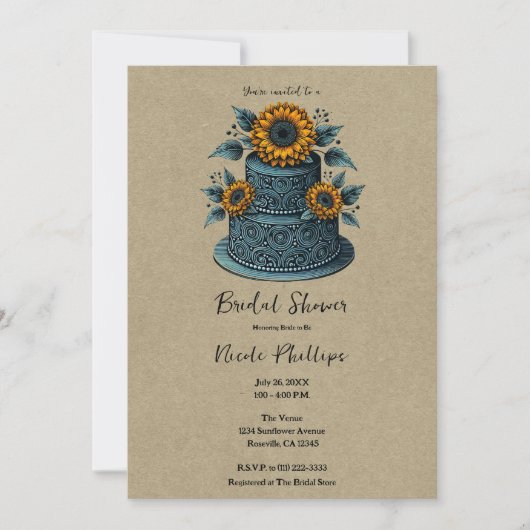 青と黄色のひまわり ティアケーキ ブライダルシャワー 招待状 (正面)
