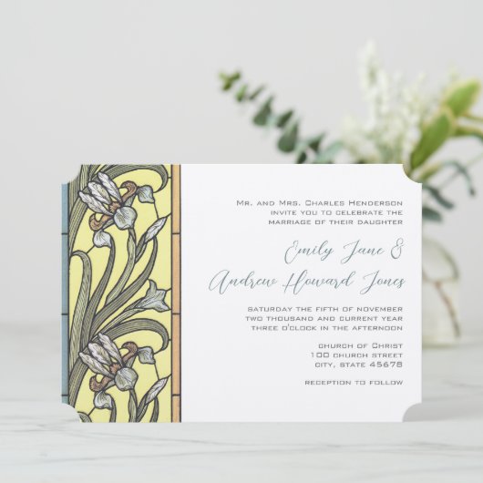 青と黄色のアールデコアイリス結婚式招待状 招待状 (スタンド正面)