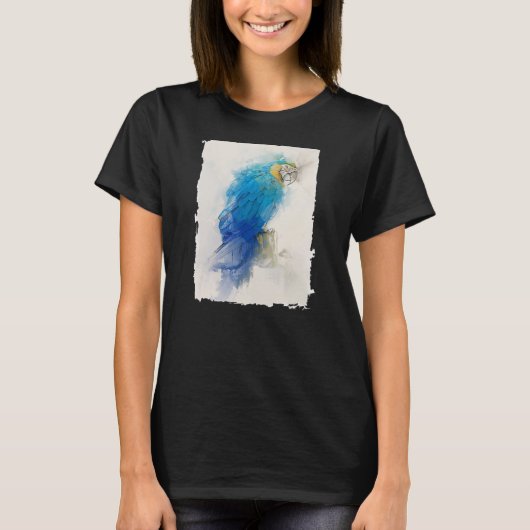 青と黄色のオウムMacaw No 3動物ポートレート Tシャツ (正面)