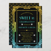 青と黄色のグリッターアートデコフレーム スイート16 招待状 (正面/裏面)