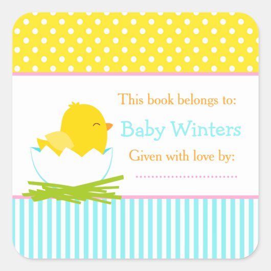 青と黄色のシック赤ちゃんシャワー蔵書票 スクエアシール (正面)