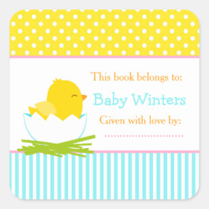 青と黄色のシック赤ちゃんシャワー蔵書票 スクエアシール