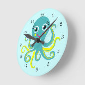 青と黄色のタコ ラウンド壁時計 (傾斜)