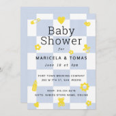 青と黄色のチェック柄ベビーシャワー 招待状 (正面/裏面)